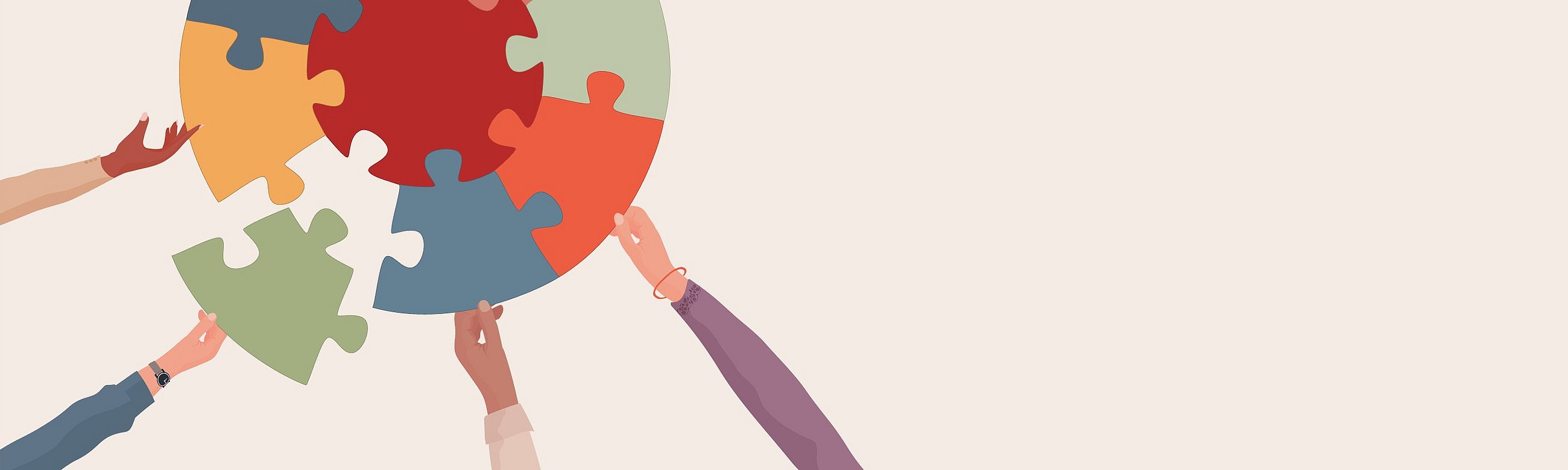 Illustration von vielen Menschen, die zusammen ein rundes, buntes Puzzles vervollständigen.